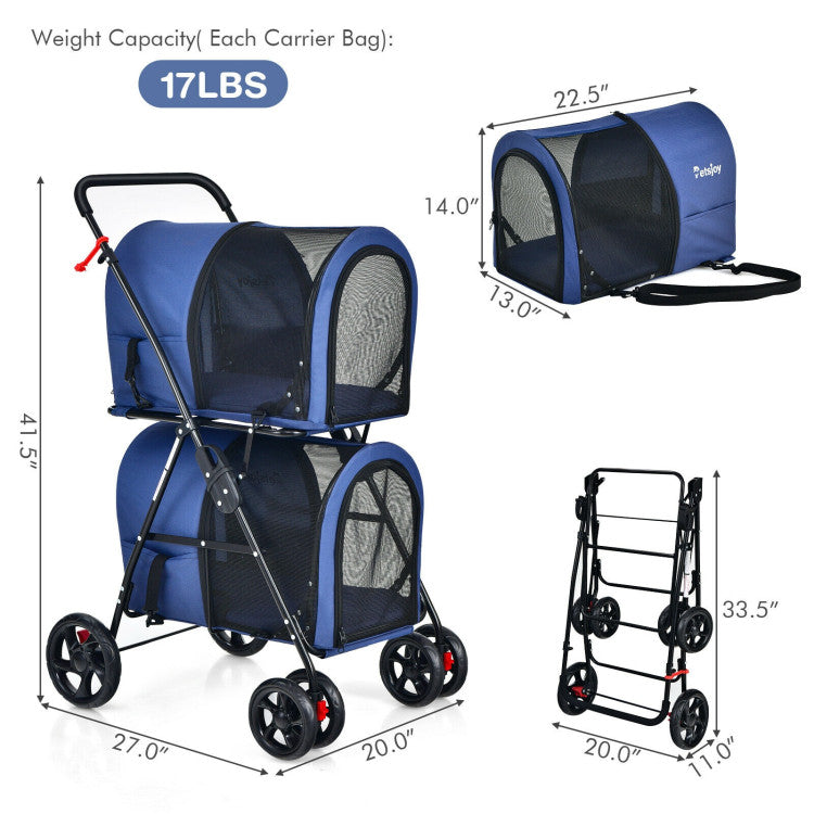 4-in-1 Double Pet Stroller with Detachable Carrier and Travel Carriage